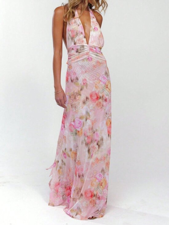 Dresses & Skirts - Pink Boho Women's Floral Print Halter Maxi Bodycon Dress